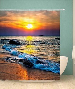 Relaxing Beach Theme Fabric Shower Curtain with Sunset, Tropical Ocean and Seaside Design