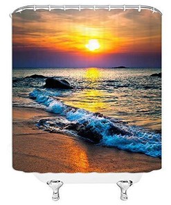 Relaxing Beach Theme Fabric Shower Curtain with Sunset, Tropical Ocean and Seaside Design