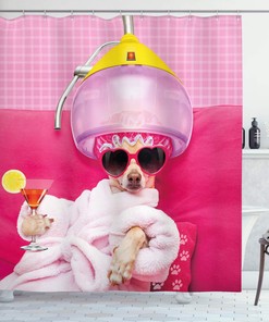 Relaxing Chihuahua Dog Spa Shower Curtain With Funny Pup Print, Pink Magenta Cloth Fabric Bathroom Decor By Ambesonne