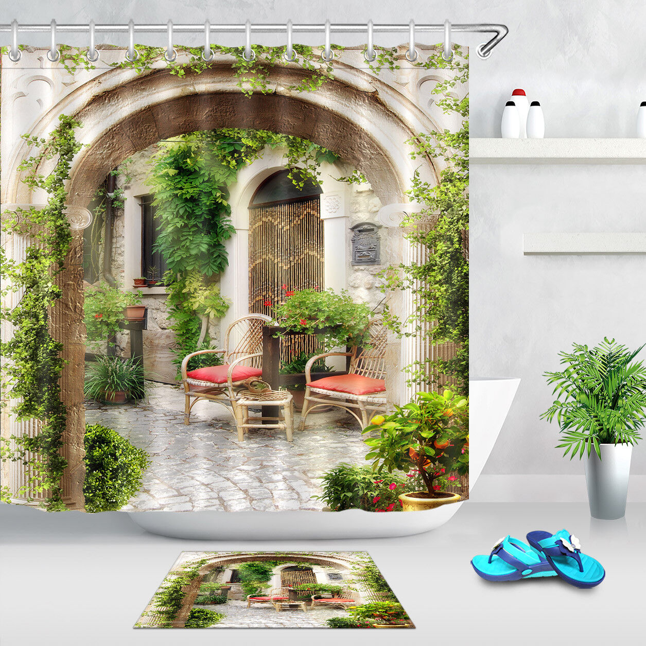 Relaxing Garden Courtyard Waterproof Shower Curtain - Serene Bathroom Decor