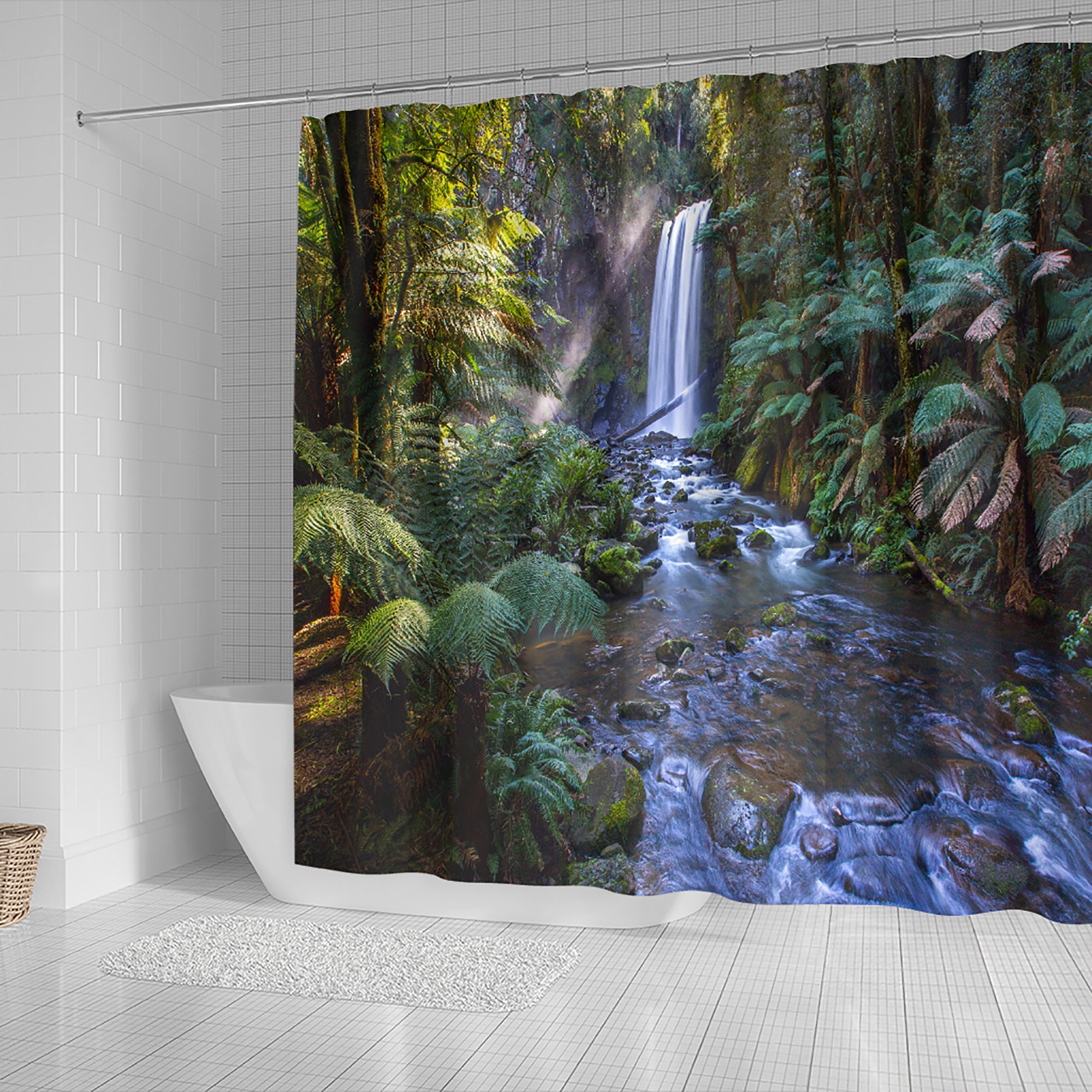 Relaxing Rainforest Falls Shower Curtain for a Natural and Scenic Bathroom Theme