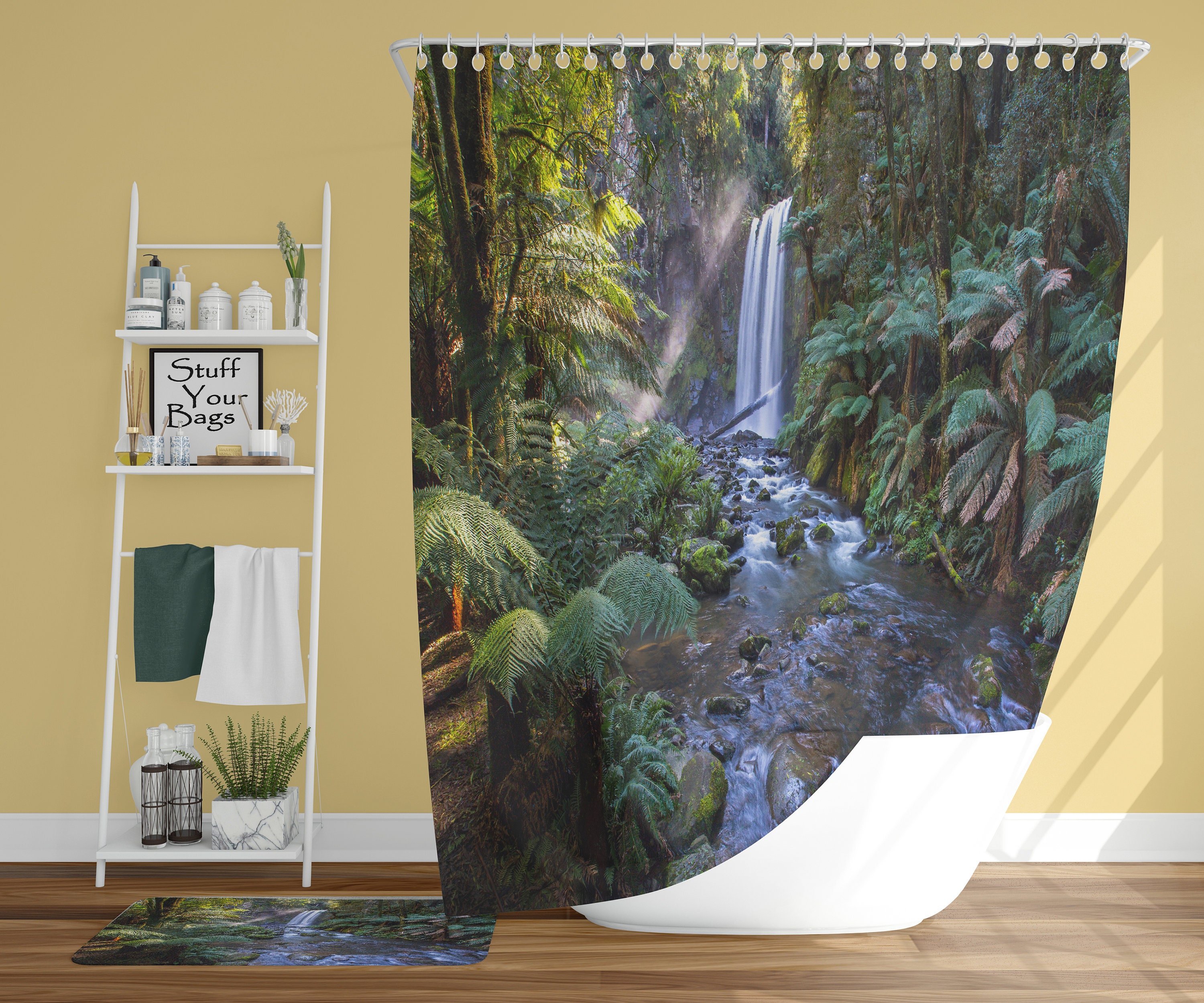 Relaxing Rainforest Falls Shower Curtain for a Natural and Scenic Bathroom Theme
