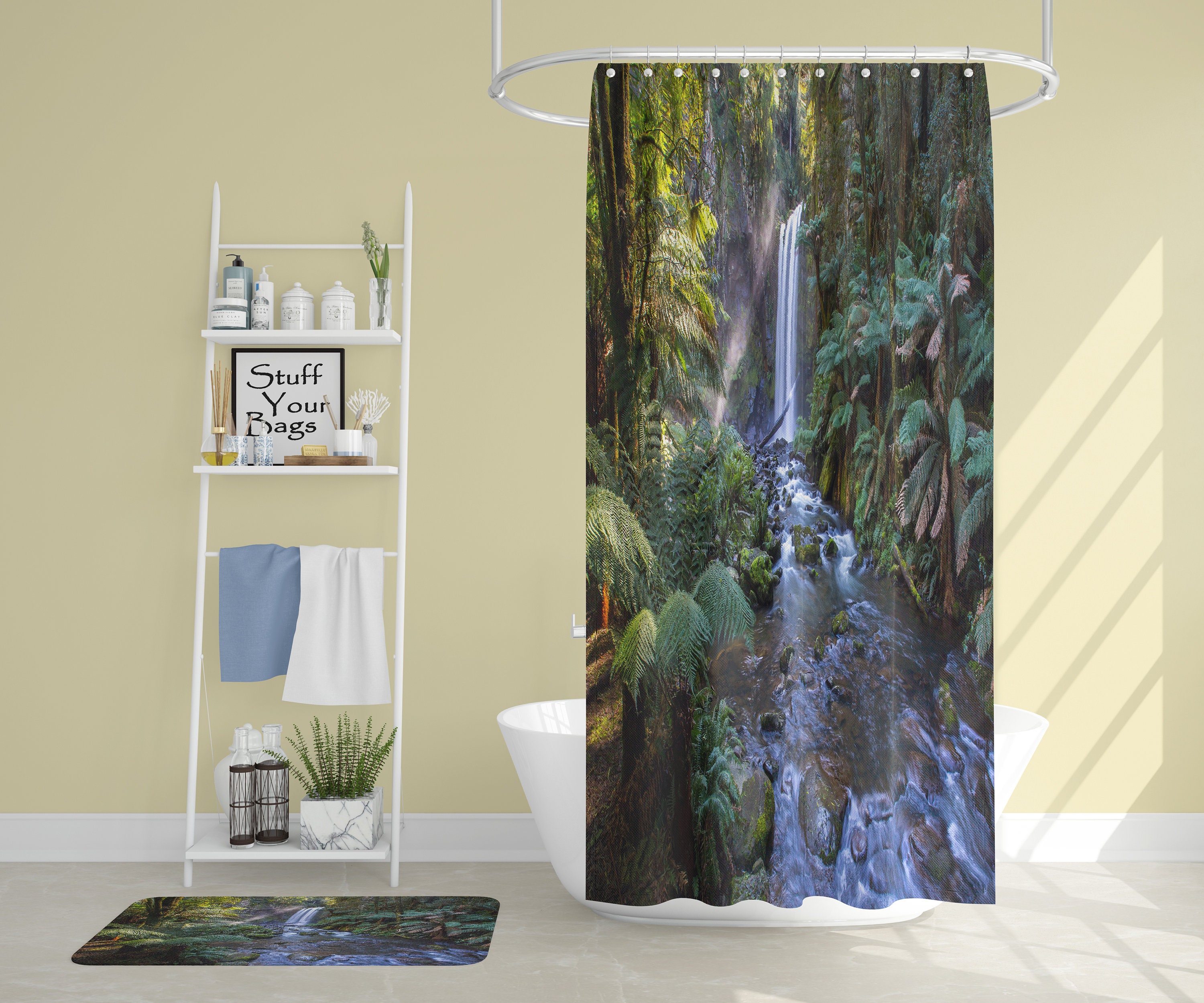 Relaxing Rainforest Falls Shower Curtain for a Natural and Scenic Bathroom Theme