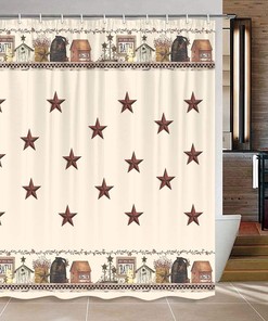 Relaxing Rustic Country Farmhouse Shower Curtain with Primitive Barn Star Print