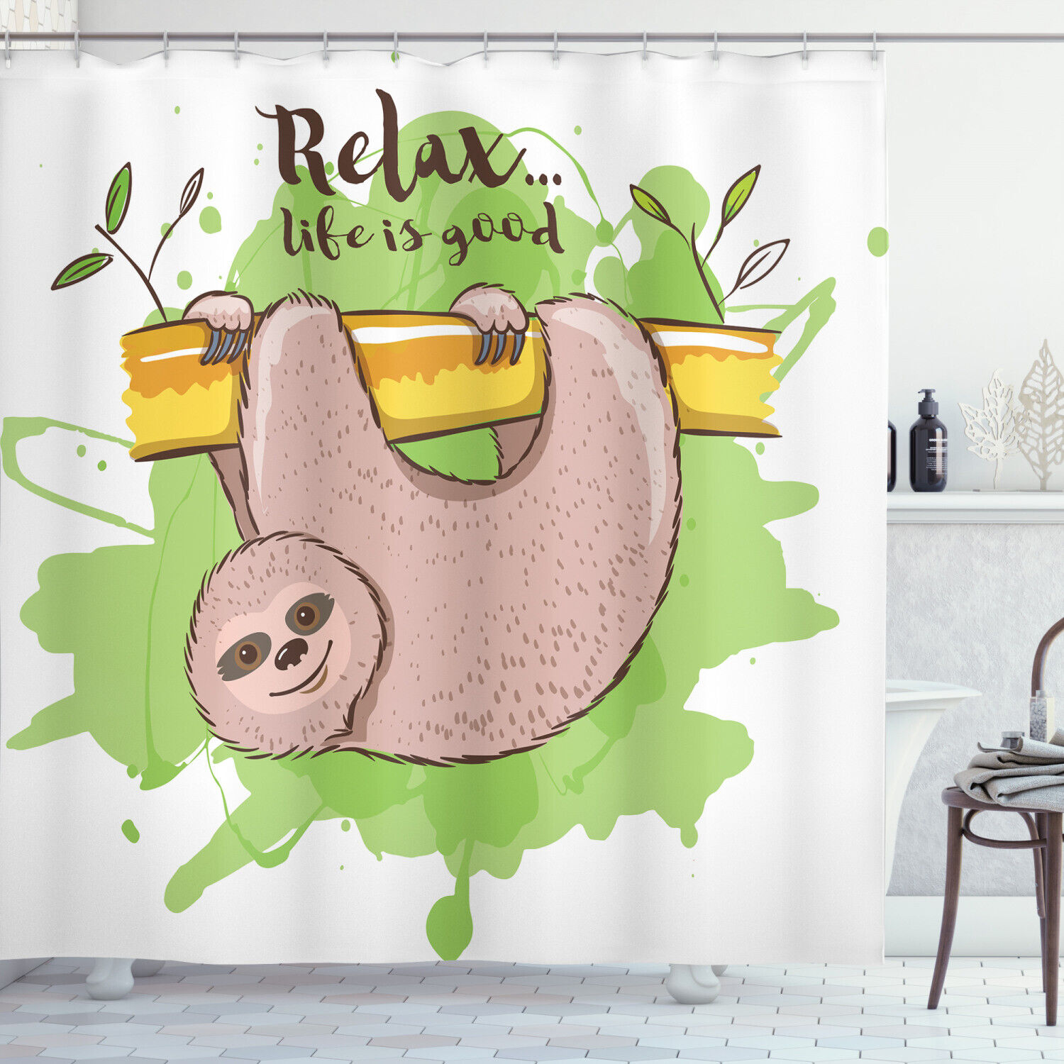 Relaxing Sloth on Branch Shower Curtain, Add a Zen Vibe to Your Bathroom