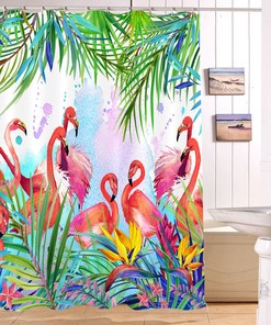 Relaxing Tropical Banana Palm Leaves Flamingo Shower Curtain with Waterproof Fabric