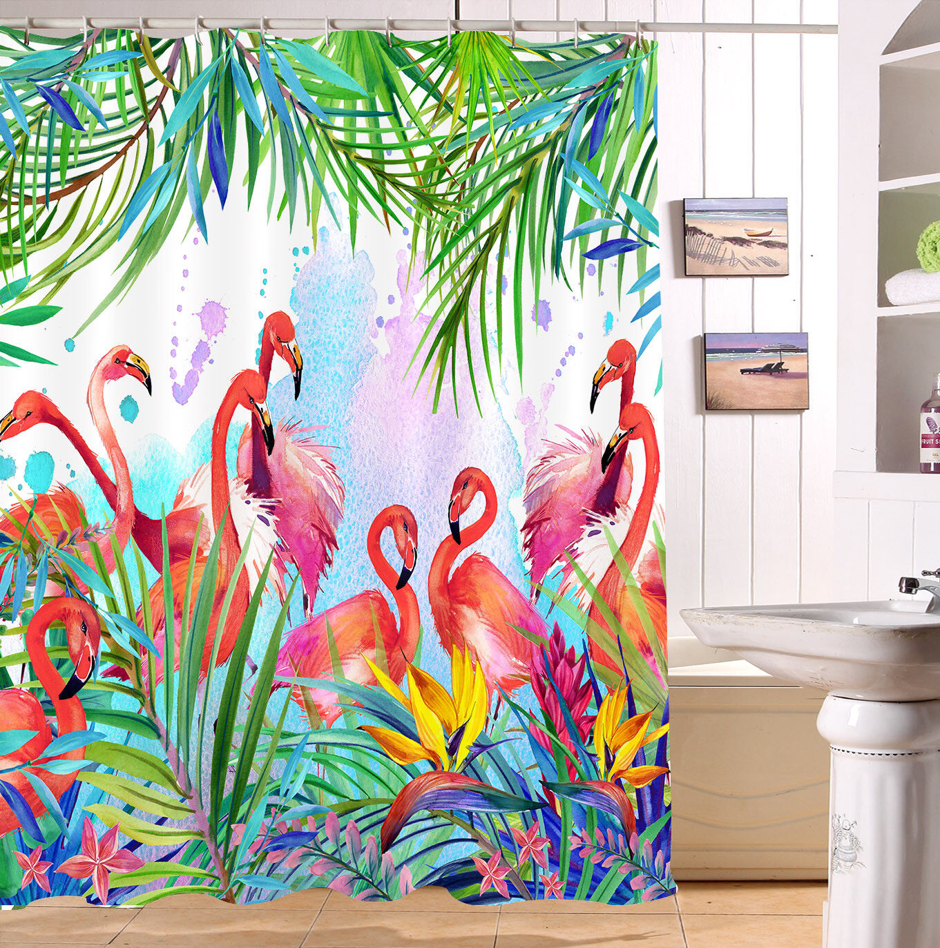 Relaxing Tropical Banana Palm Leaves Flamingo Shower Curtain with Waterproof Fabric