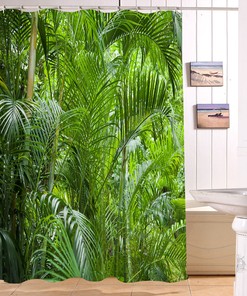 Relaxing Tropical Banana Palm Leaves Flamingo Shower Curtain with Waterproof Fabric