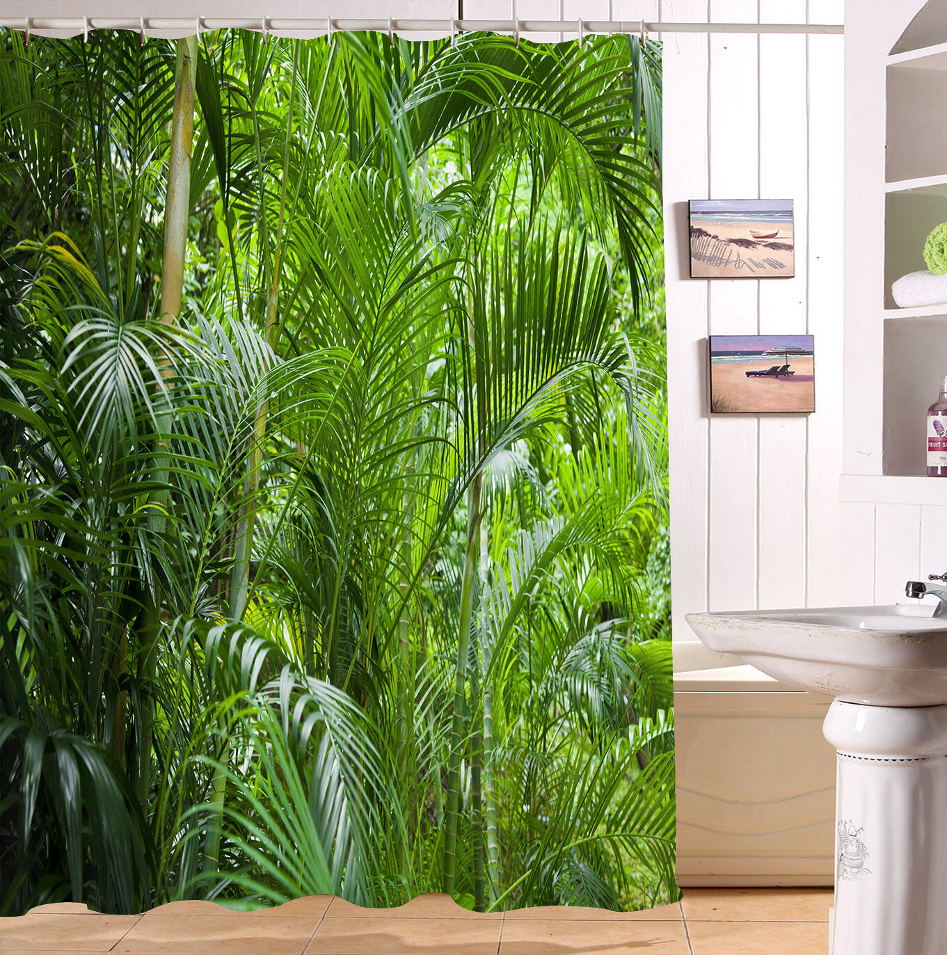 Relaxing Tropical Banana Palm Leaves Flamingo Shower Curtain with Waterproof Fabric