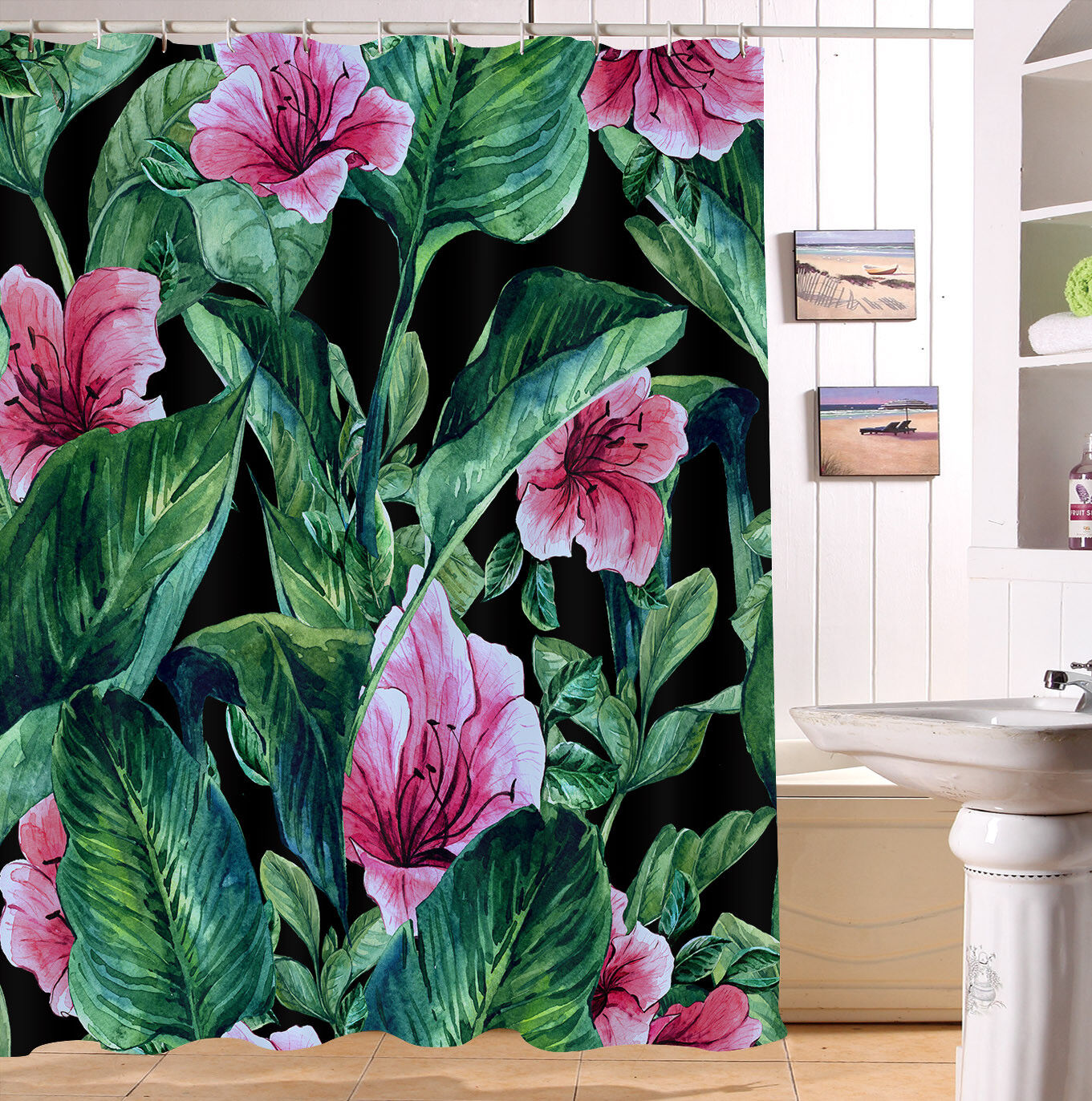 Relaxing Tropical Banana Palm Leaves Flamingo Shower Curtain with Waterproof Fabric