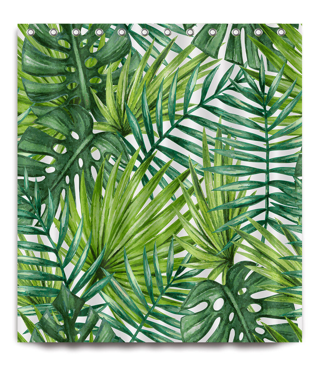 Relaxing Tropical Banana Palm Leaves Flamingo Shower Curtain with Waterproof Fabric