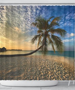 Relaxing and Peaceful Tropical Beach Shower Curtain with Window Sea View and Paradise Beach Sand Design 