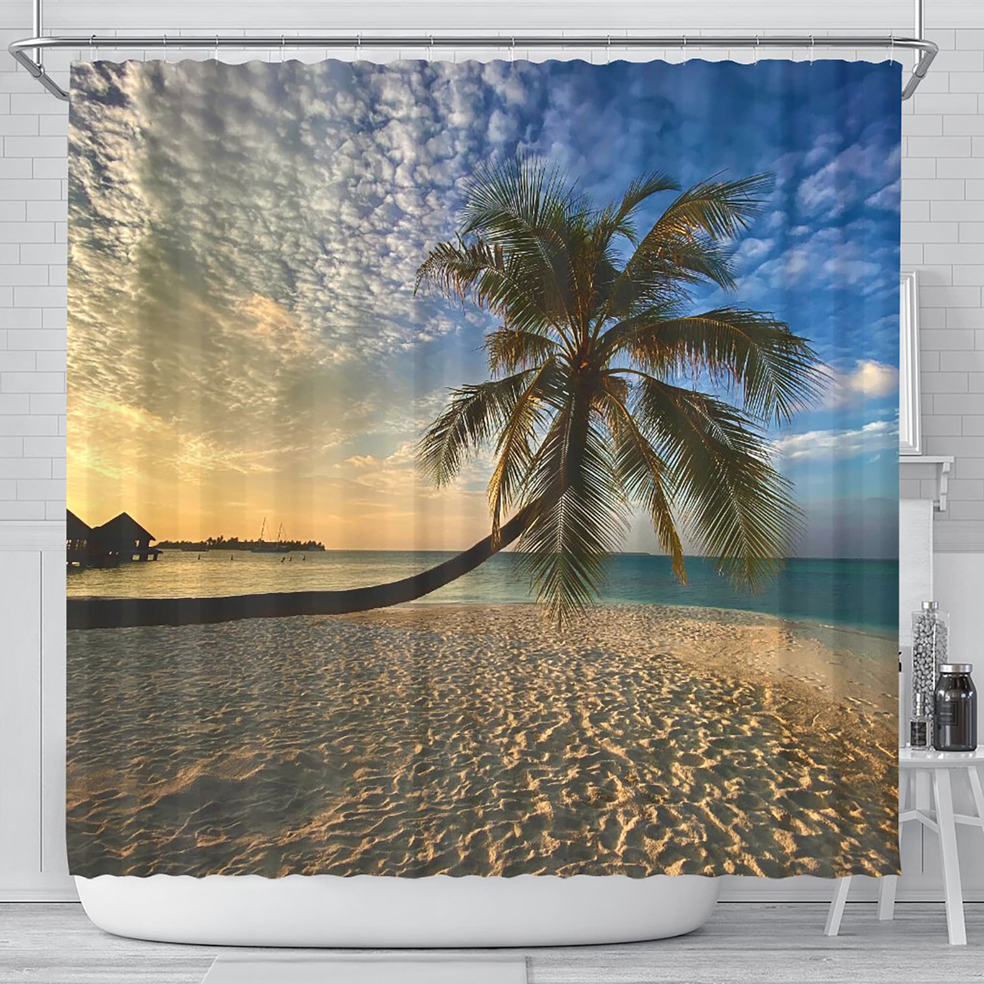 Relaxing and Peaceful Tropical Beach Shower Curtain with Window Sea View and Paradise Beach Sand Design