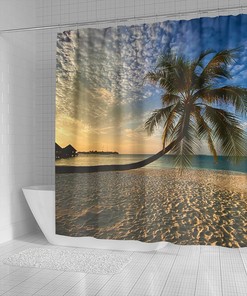 Relaxing and Peaceful Tropical Beach Shower Curtain with Window Sea View and Paradise Beach Sand Design