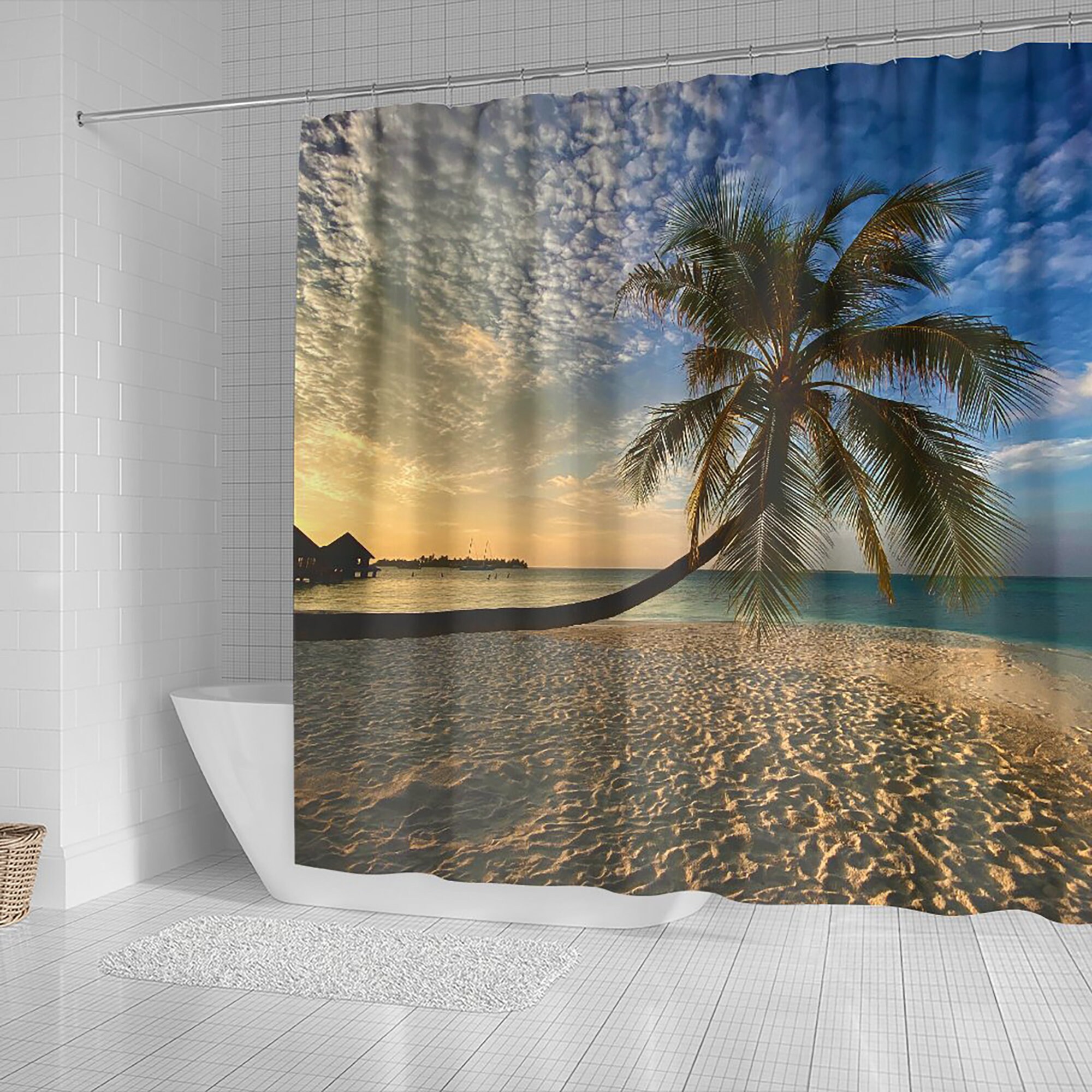 Relaxing and Peaceful Tropical Beach Shower Curtain with Window Sea View and Paradise Beach Sand Design