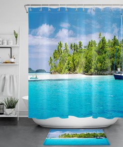 Relaxing and Refreshing Shower Curtain with Seaside Palm Trees and Sailboat Print