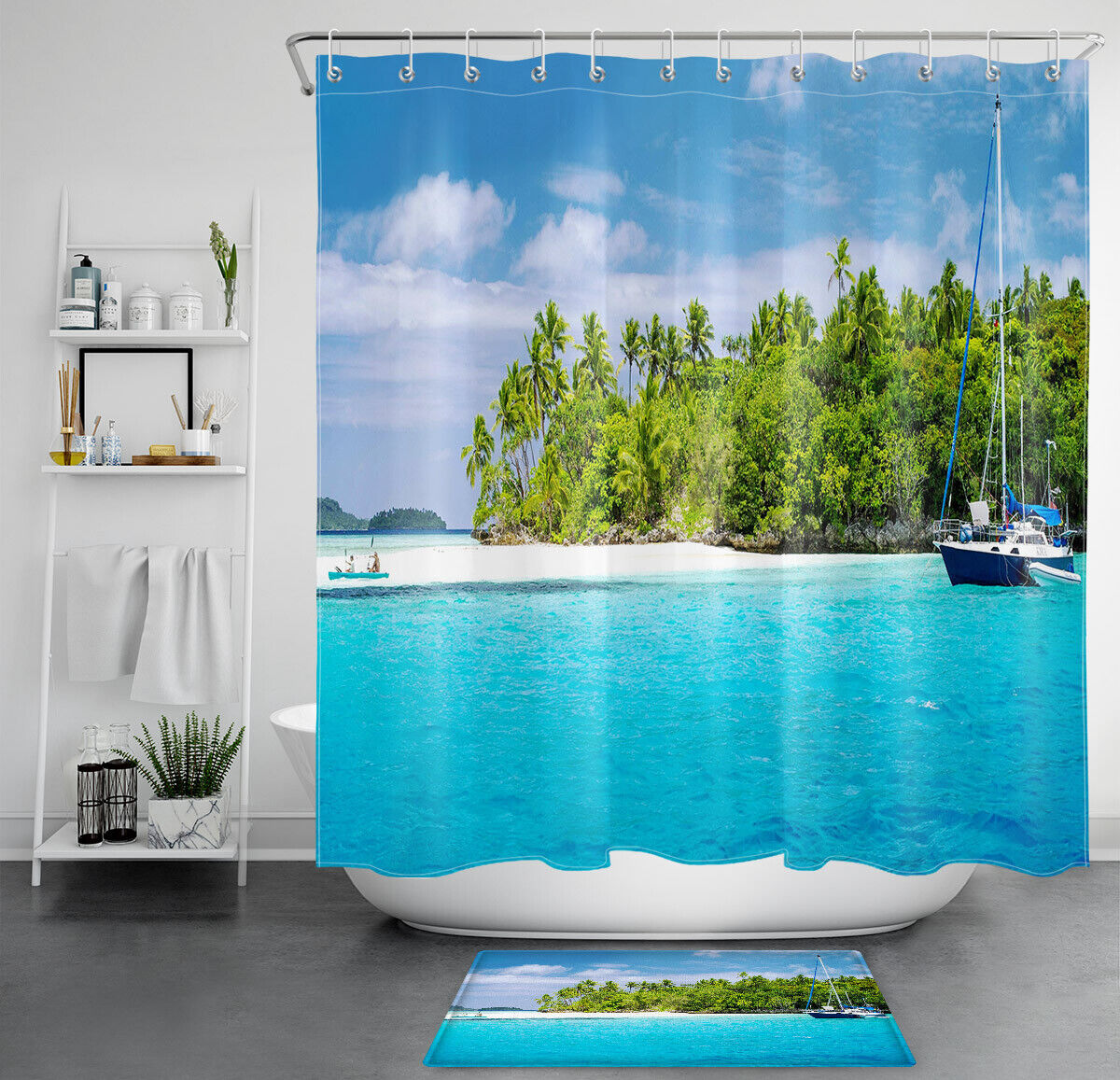 Relaxing and Refreshing Shower Curtain with Seaside Palm Trees and Sailboat Print