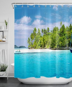 Relaxing and Refreshing Shower Curtain with Seaside Palm Trees and Sailboat Print