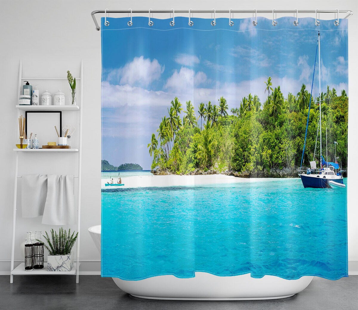 Relaxing and Refreshing Shower Curtain with Seaside Palm Trees and Sailboat Print