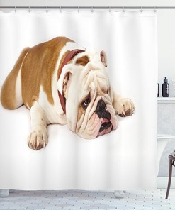 Resting English Bulldog Shower Curtain - Cloth Fabric Bathroom Decor In Cream Brown