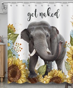 Restroom Decor Accessory With Sunflower And Elephant Art, Waterproof Fabric Shower Curtain