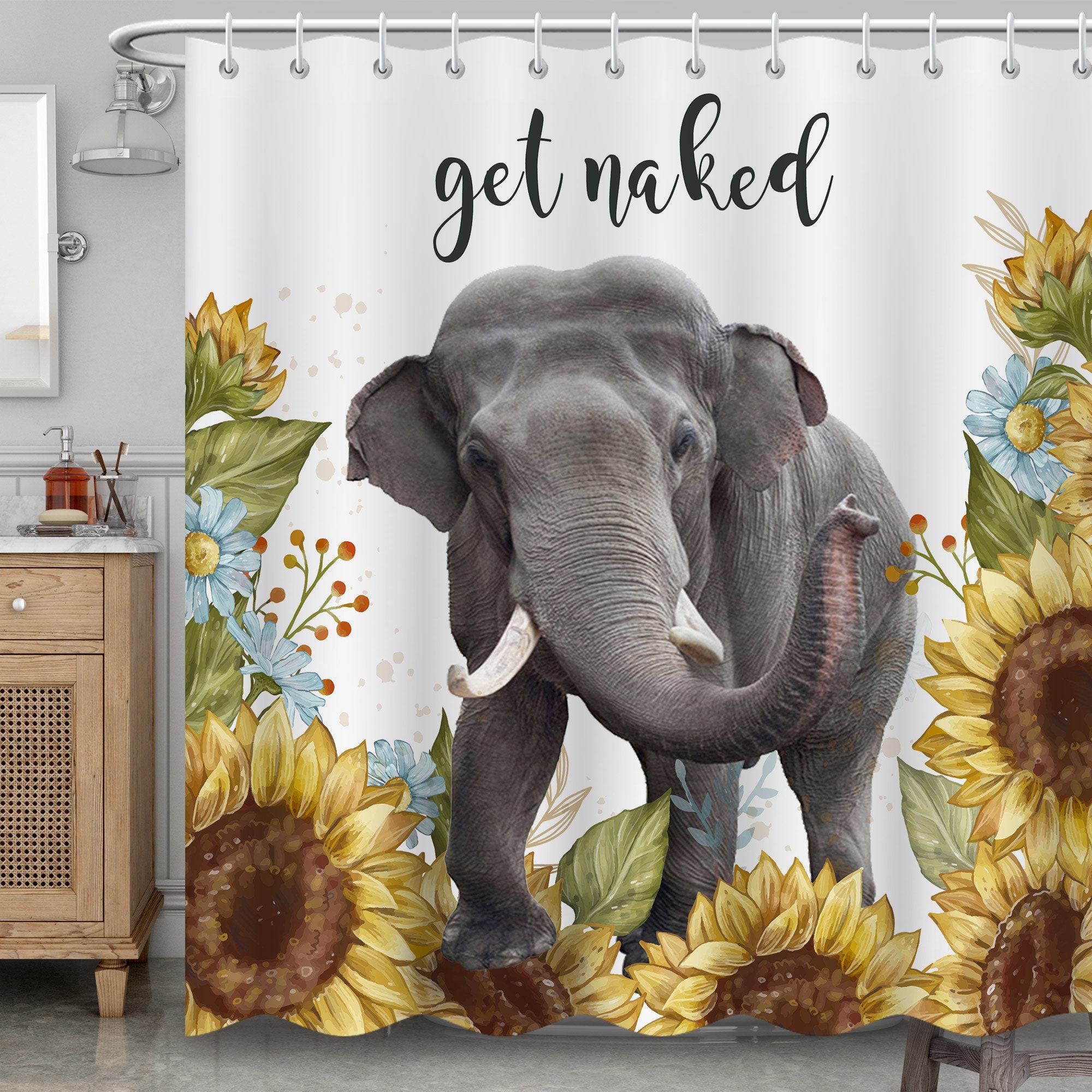 Restroom Decor Accessory With Sunflower And Elephant Art, Waterproof Fabric Shower Curtain