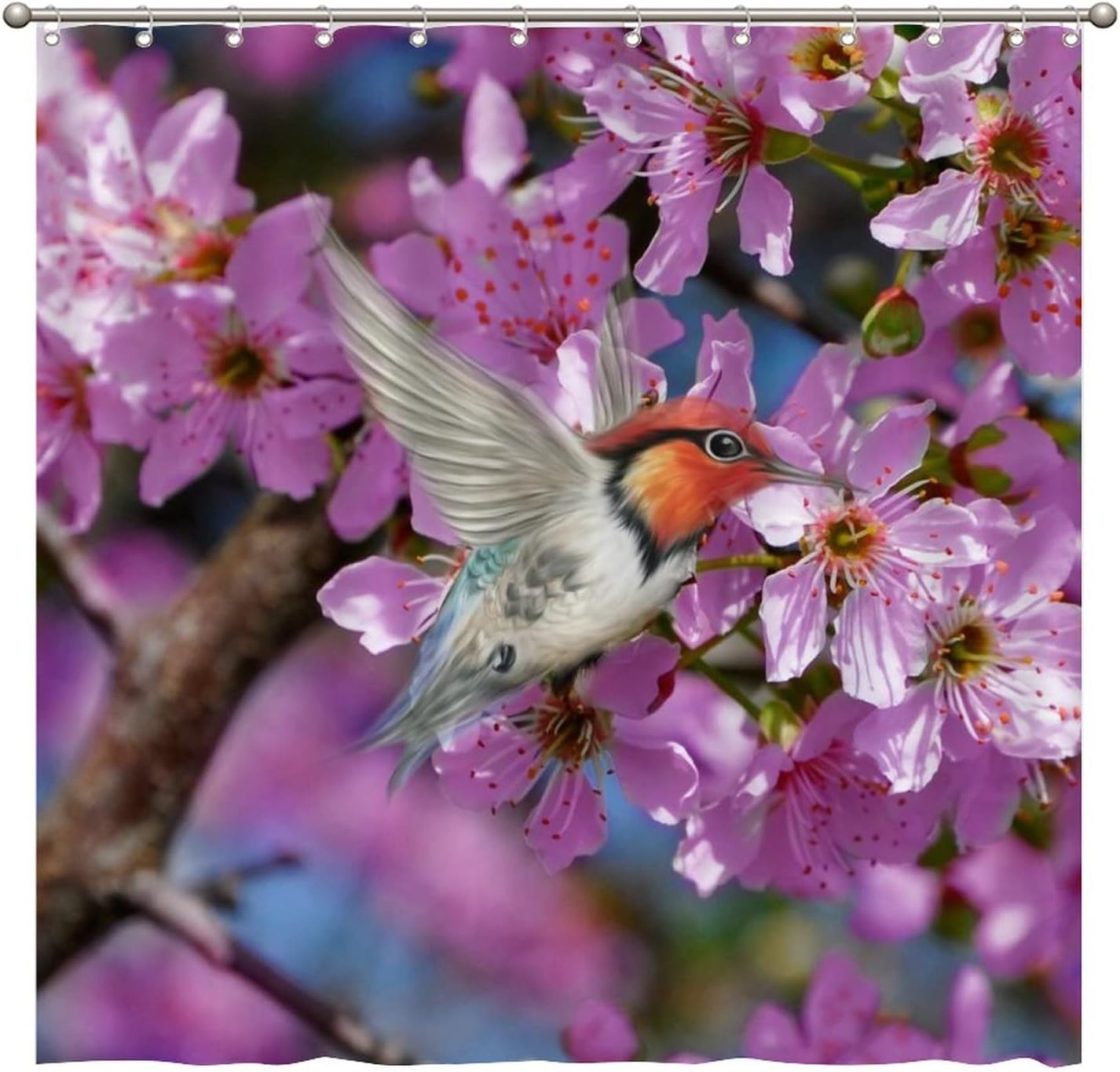 Restroom Refresh: Colorful Fabric Shower Curtain with Hummingbirds and Flowers