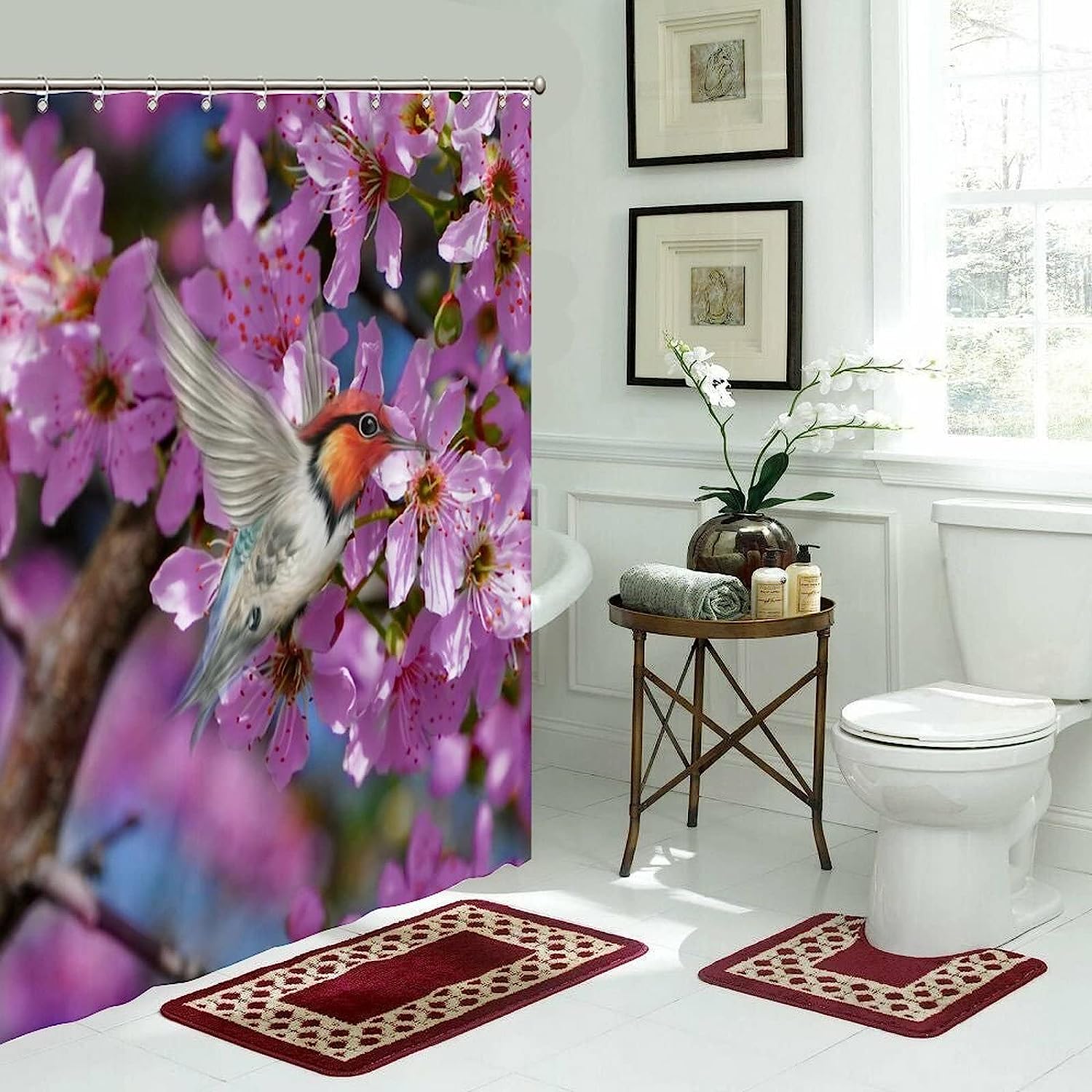 Restroom Refresh: Colorful Fabric Shower Curtain with Hummingbirds and Flowers