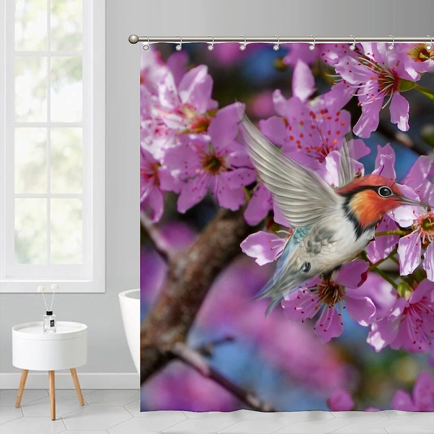 Restroom Refresh: Colorful Fabric Shower Curtain with Hummingbirds and Flowers