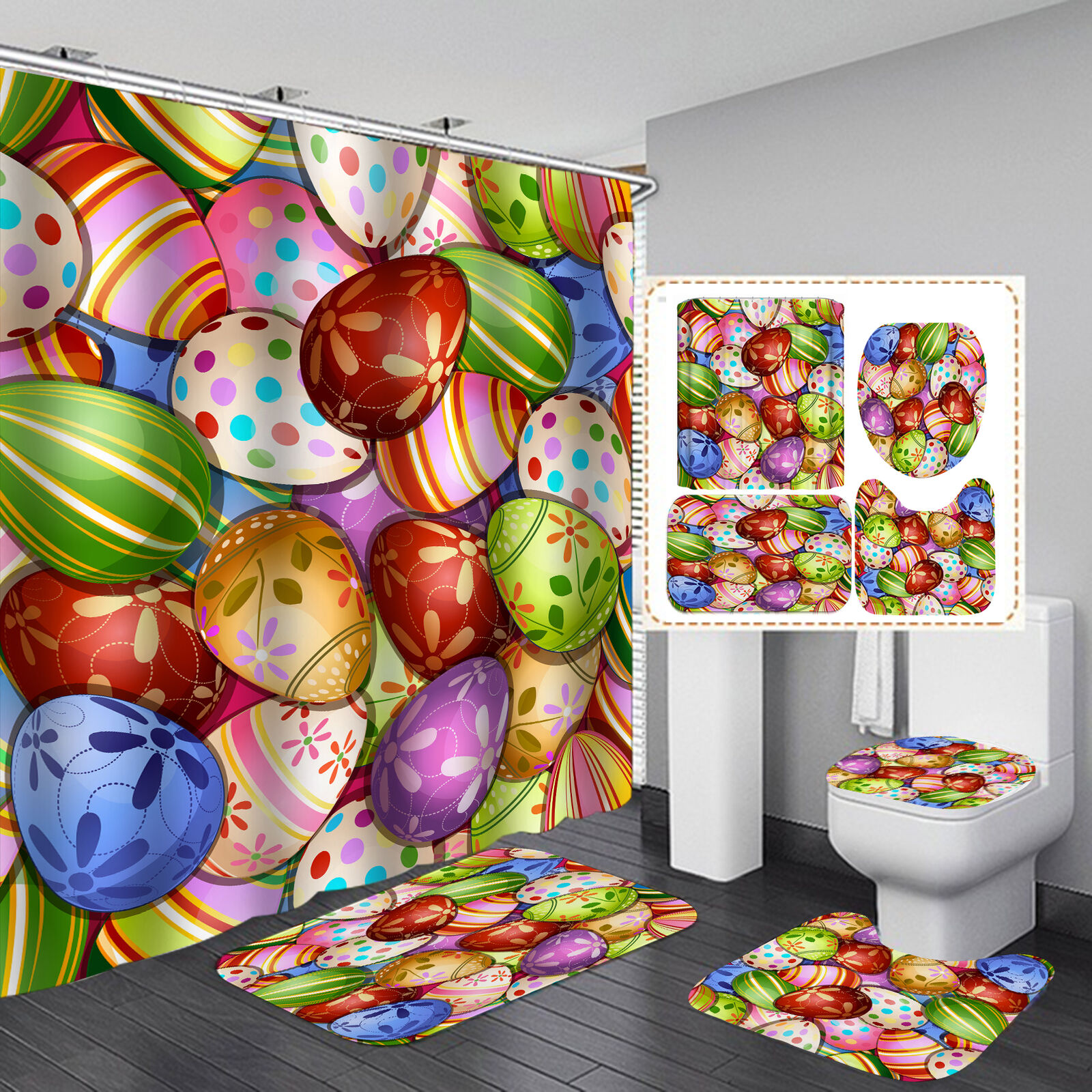 Restroom Shower Curtain With Easter Eggs & Abstract Colorful Lines - Modern Bathroom Decor