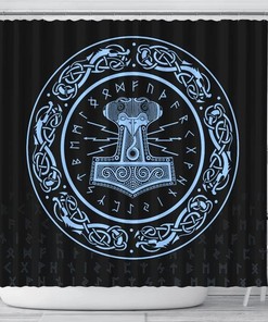 Restroom Shower Curtain with Odin Rune Thor's Hammer Mjolnir Pattern, Norse Vikings 3D Print Waterproof for Bathroom