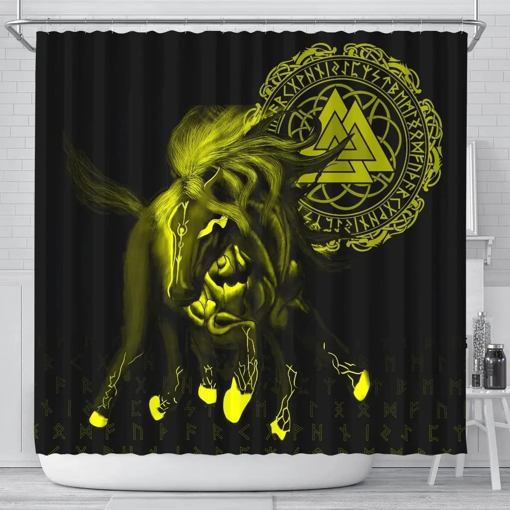 Restroom Shower Curtain with Sleipnir Odin Green Pattern, Norse Vikings 3D Print Waterproof for Bathroom/Laundry