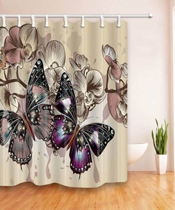 Restroom Shower Curtains - Purple Butterfly Floral Bath Decors