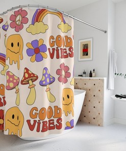 Retro 70s Hippie Mushroom Shower Curtain, Flower and Rainbow Peace Sign Print for Bathroom 