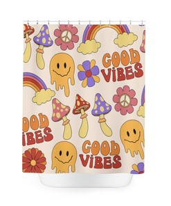 Retro 70s Hippie Mushroom Shower Curtain, Flower and Rainbow Peace Sign Print for Bathroom