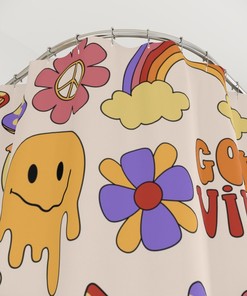 Retro 70s Hippie Mushroom Shower Curtain, Flower and Rainbow Peace Sign Print for Bathroom 