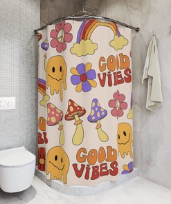 Retro 70s Hippie Mushroom Shower Curtain, Flower and Rainbow Peace Sign Print for Bathroom 