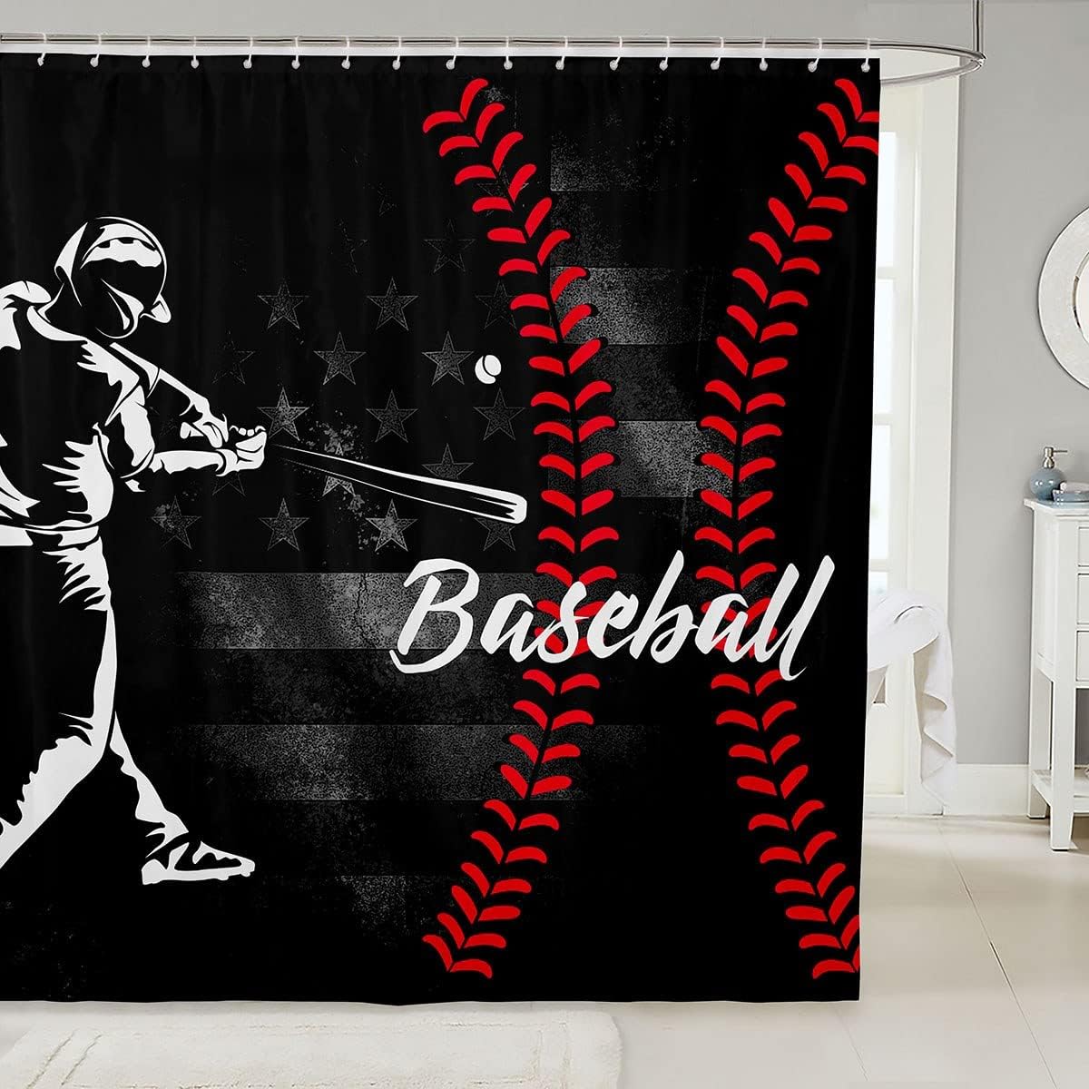Retro American Flag Print Baseball Castle Fairy Bath Curtain With Ball Games Sports Theme