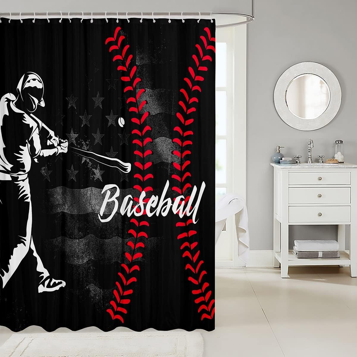 Retro American Flag Print Baseball Castle Fairy Bath Curtain With Ball Games Sports Theme - Image 2