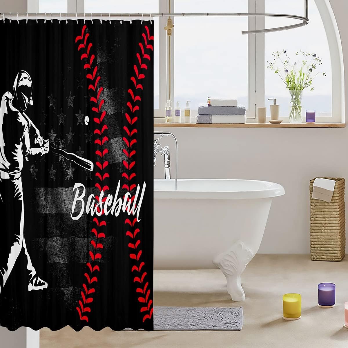 Retro American Flag Print Baseball Castle Fairy Bath Curtain With Ball Games Sports Theme - Image 3