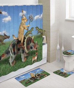 Retro And Creative Dog Riding A Dinosaur Shower Curtain - Bathroom Decor Fabric