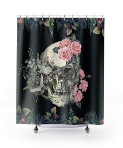 Retro And Scary Pink Roses Skull Shower Curtain With Gothic Bathroom Decor