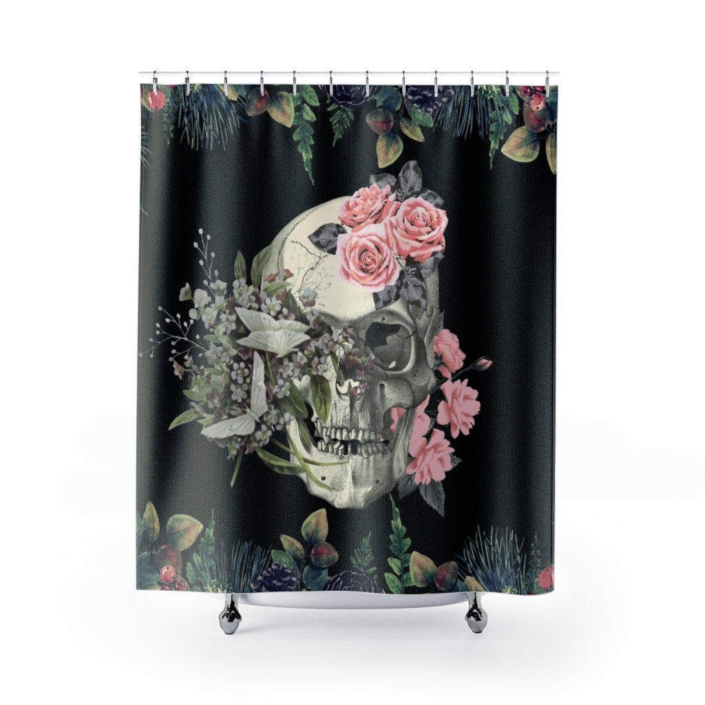 Retro And Scary Pink Roses Skull Shower Curtain With Gothic Bathroom Decor