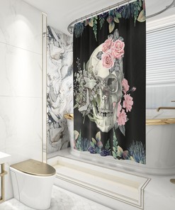 Retro And Scary Pink Roses Skull Shower Curtain With Gothic Bathroom Decor