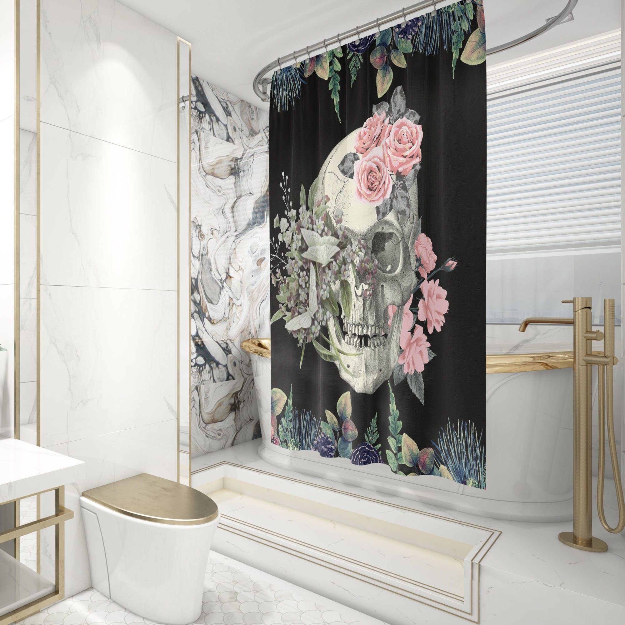 Retro And Scary Pink Roses Skull Shower Curtain With Gothic Bathroom Decor