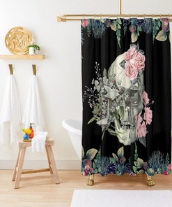 Retro And Scary Pink Roses Skull Shower Curtain With Gothic Bathroom Decor