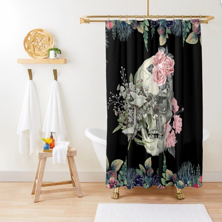 Retro And Scary Pink Roses Skull Shower Curtain With Gothic Bathroom Decor