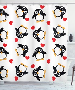 Retro Art Penguins and Hearts Print Shower Curtain, Waterproof Bathroom Decor
