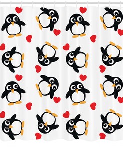 Retro Art Penguins and Hearts Print Shower Curtain, Waterproof Bathroom Decor