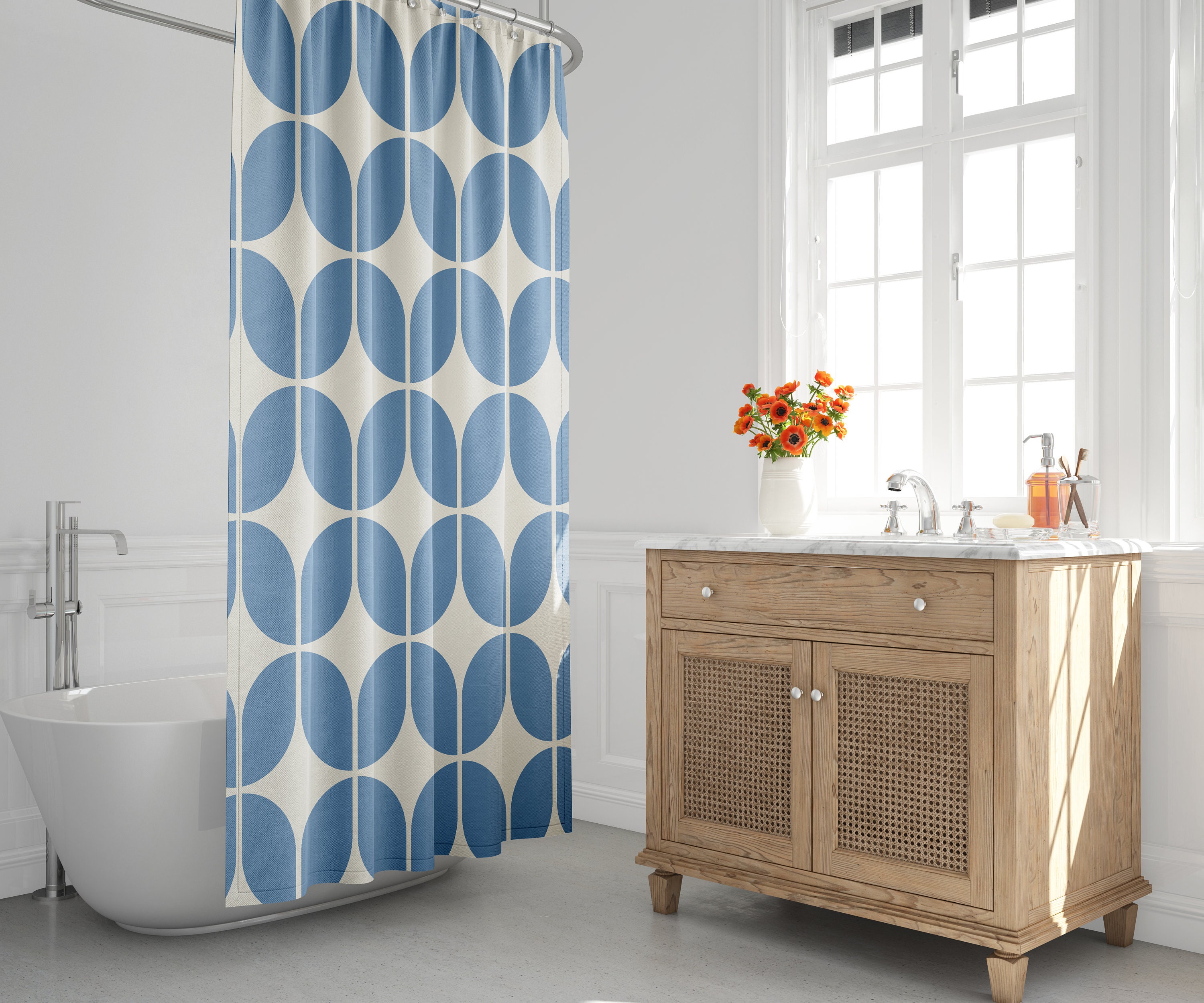 Retro Bath Minimalist Geometric Shower Curtain in Light Blue and Beige with Mid-Century Flair